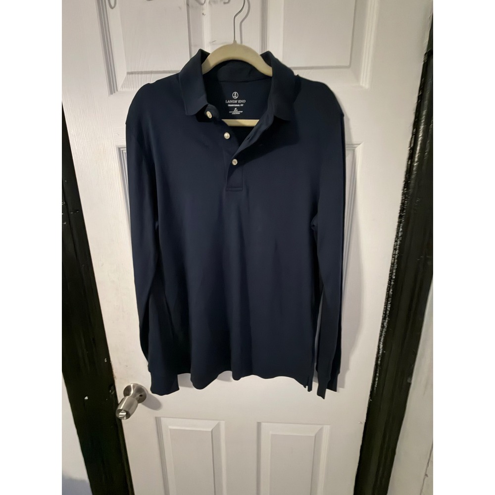 Lands End Mens Navy Blue Supima Cotton Long Sleeve Polo Shirt Traditional Fit M